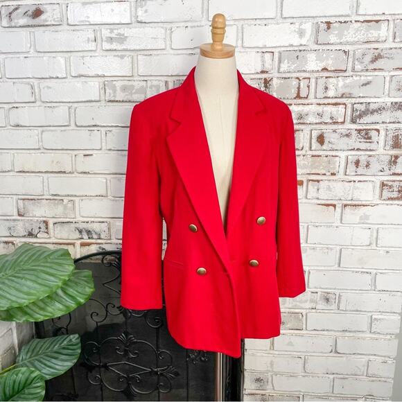 Vintage 90s Fundamental Things Petites Red Wool Double Breasted Blazer Jacket 6 - Picture 1 of 11